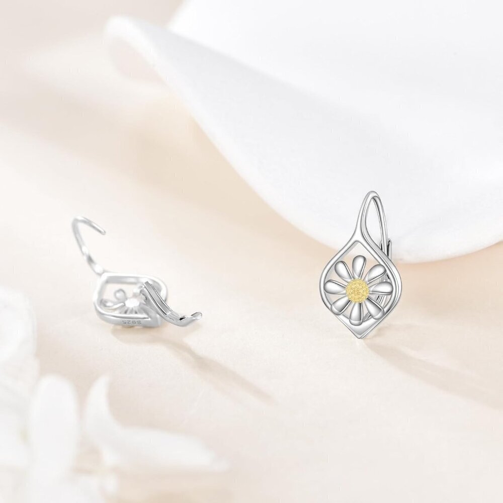 Women's Sterling Daisy Silver Gold Dangle Drop Leverback Comfortable Earring